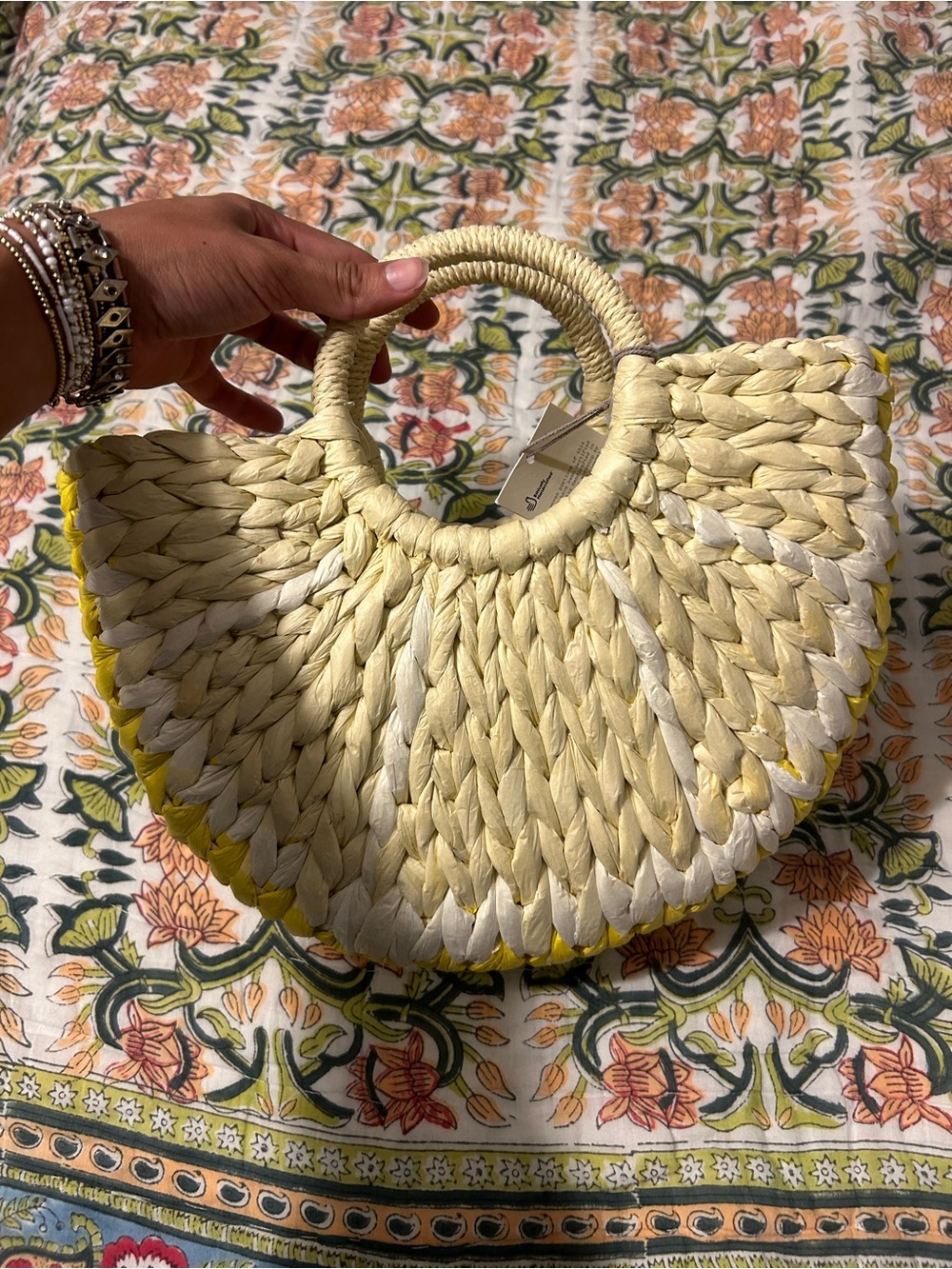 Target Braided Straw Half-Moon Tote with Yellow Trim and Green Scarf - Picture 2 of 4